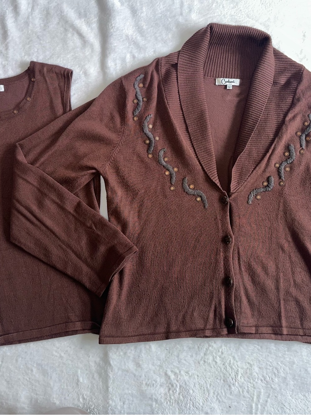 Cyrillus Brown Embroidered Shawl Collar Cardigan with Matching Tank Large L